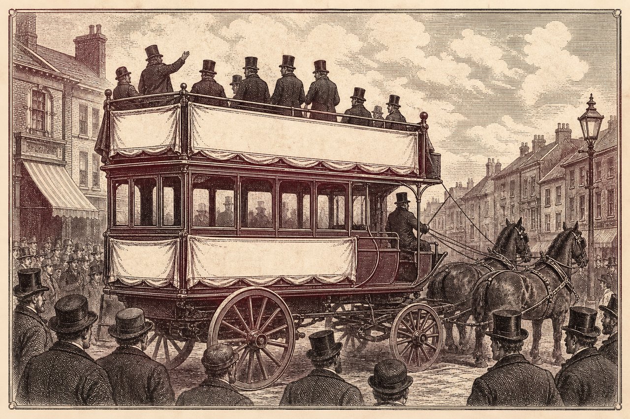 An engraving of a vintage touring campaign bus with blank banner panels.