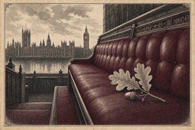 An engraving of a single oak sprig resting on an empty parliamentary bench before the Houses of Parliament.