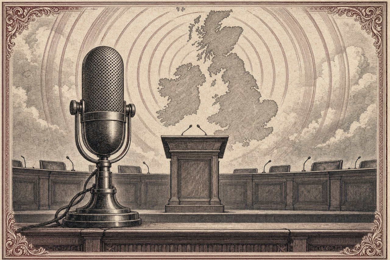 An engraving of a broadcast microphone before a debate lectern, with radiating sound-wave arcs.