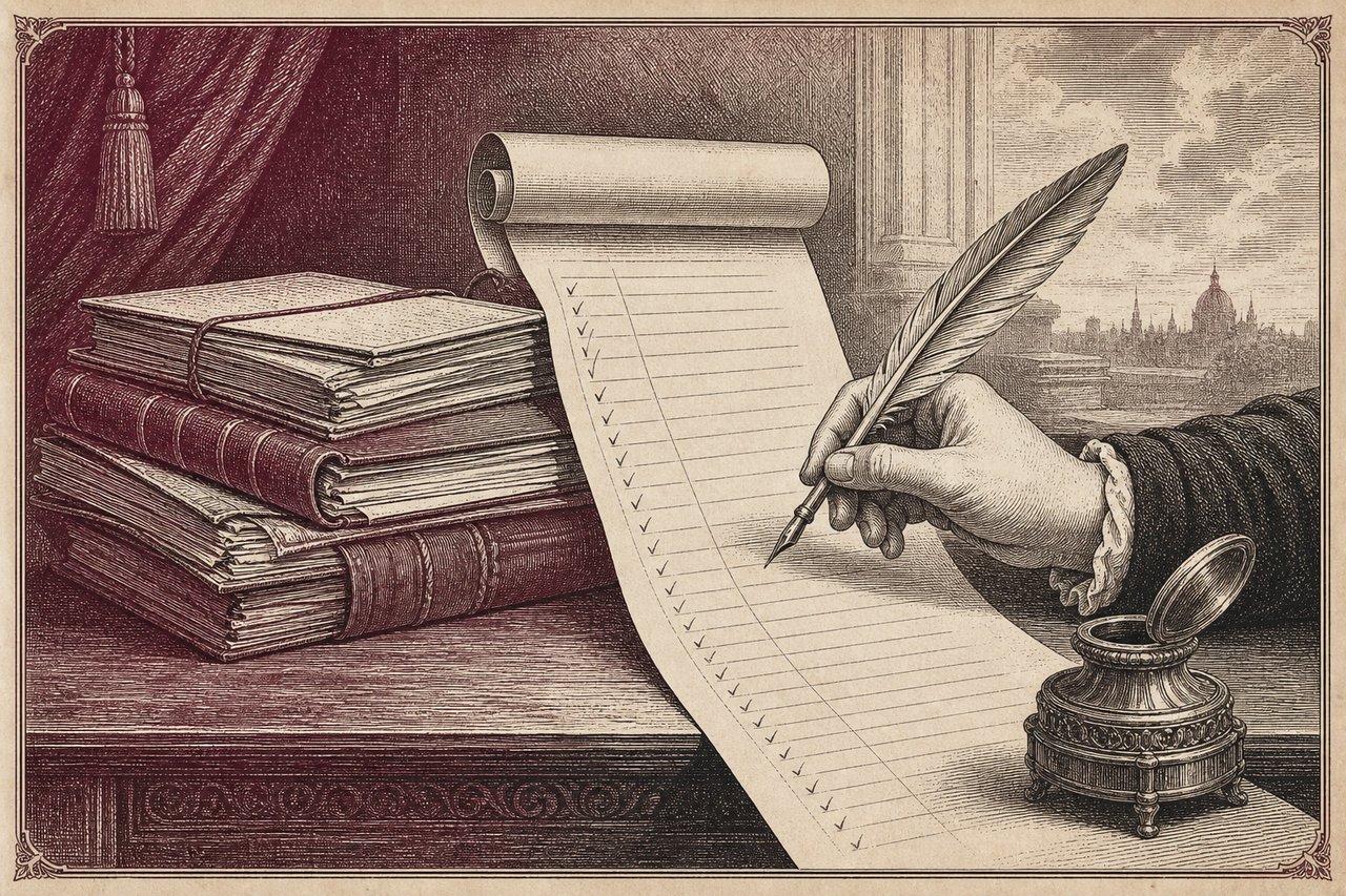 An engraving of a quill over a long ruled list and a stack of documents.