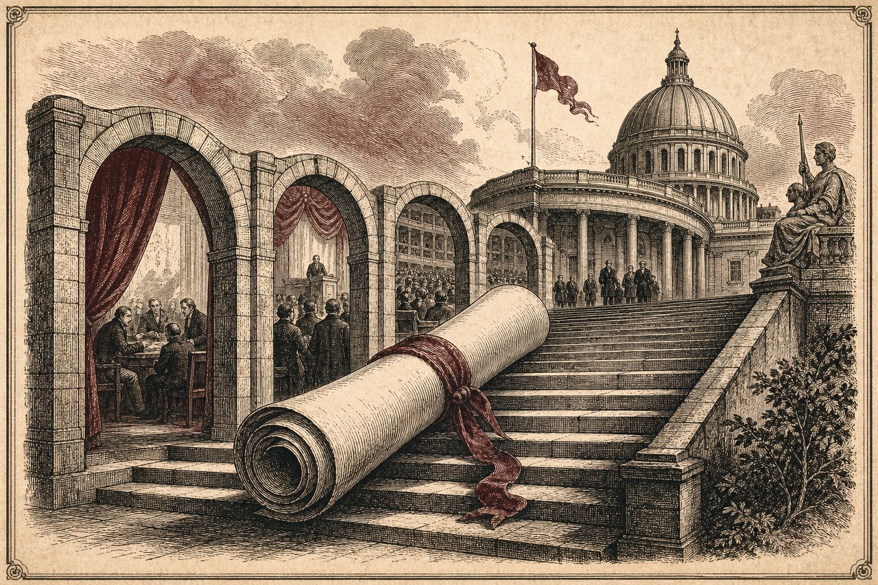 An engraving of a scroll ascending steps toward a domed chamber through successive archways.