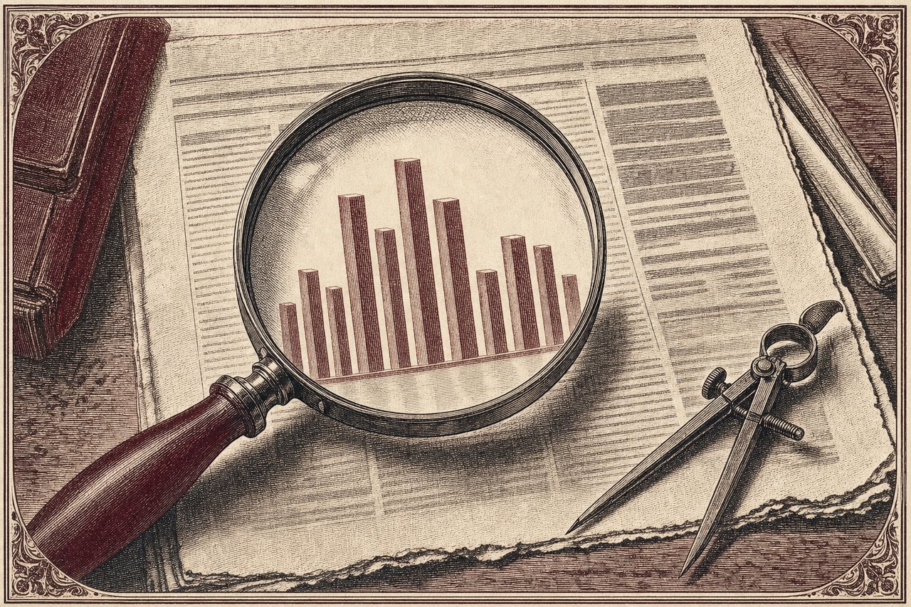 An engraving of a magnifying glass held over a bar chart on a broadsheet page, with a pair of dividers resting beside it.