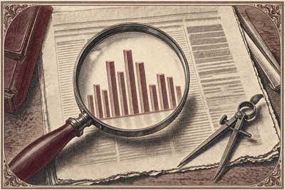 An engraving of a magnifying glass held over a bar chart on a broadsheet page, with a pair of dividers resting beside it.