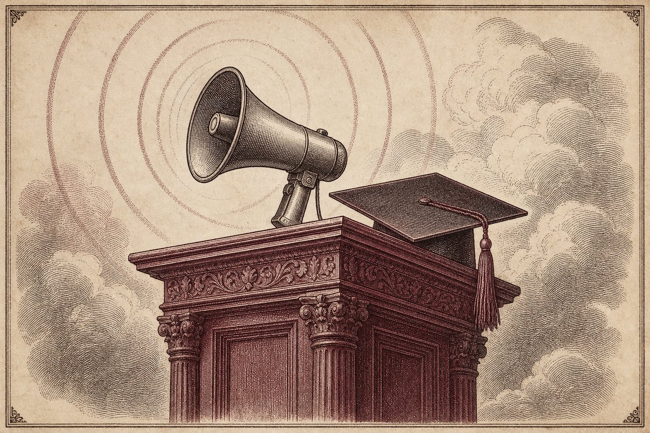An engraving of a lectern with a megaphone and a graduate's mortarboard cap.