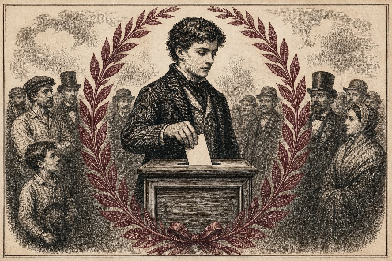An engraving of a ballot box receiving a ballot paper, framed by laurel.