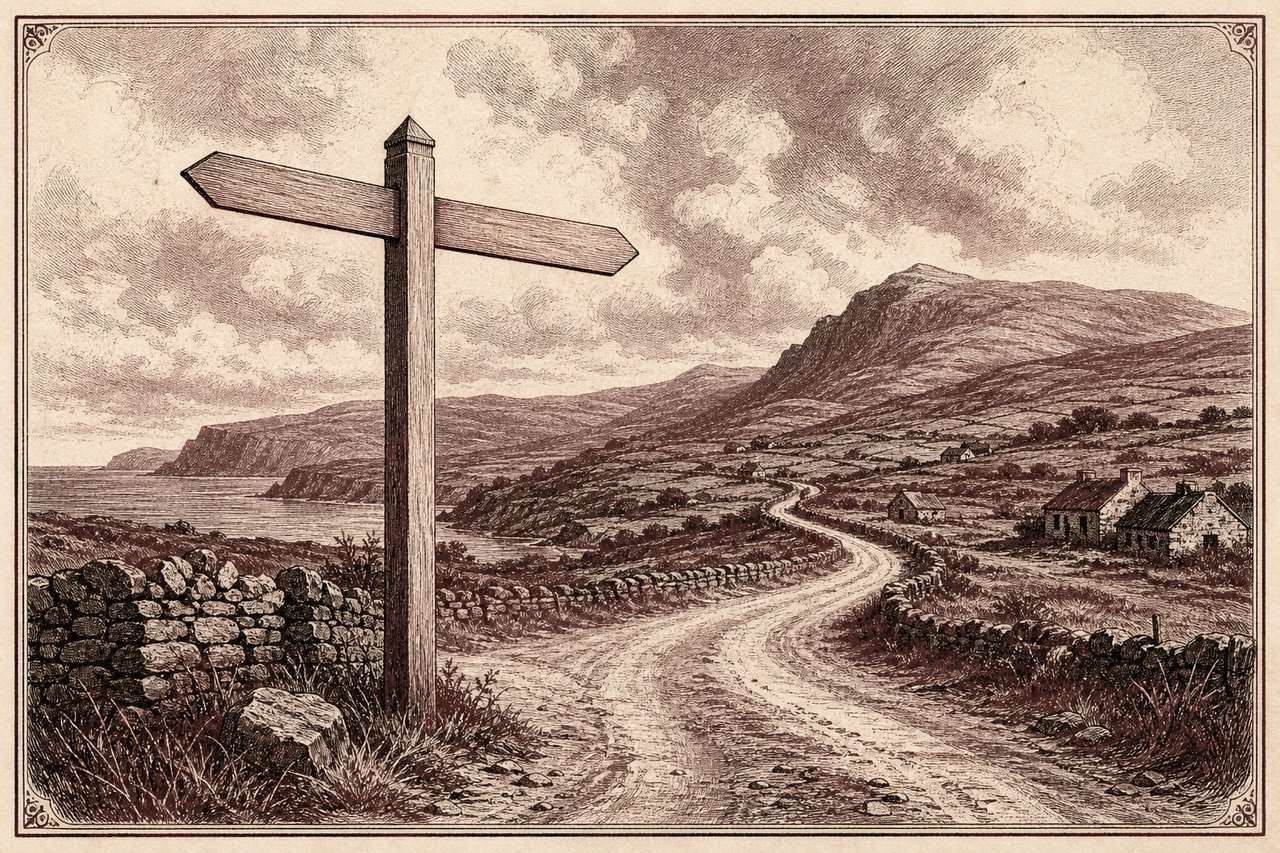 An engraving of an open border road through hills with a blank signpost.