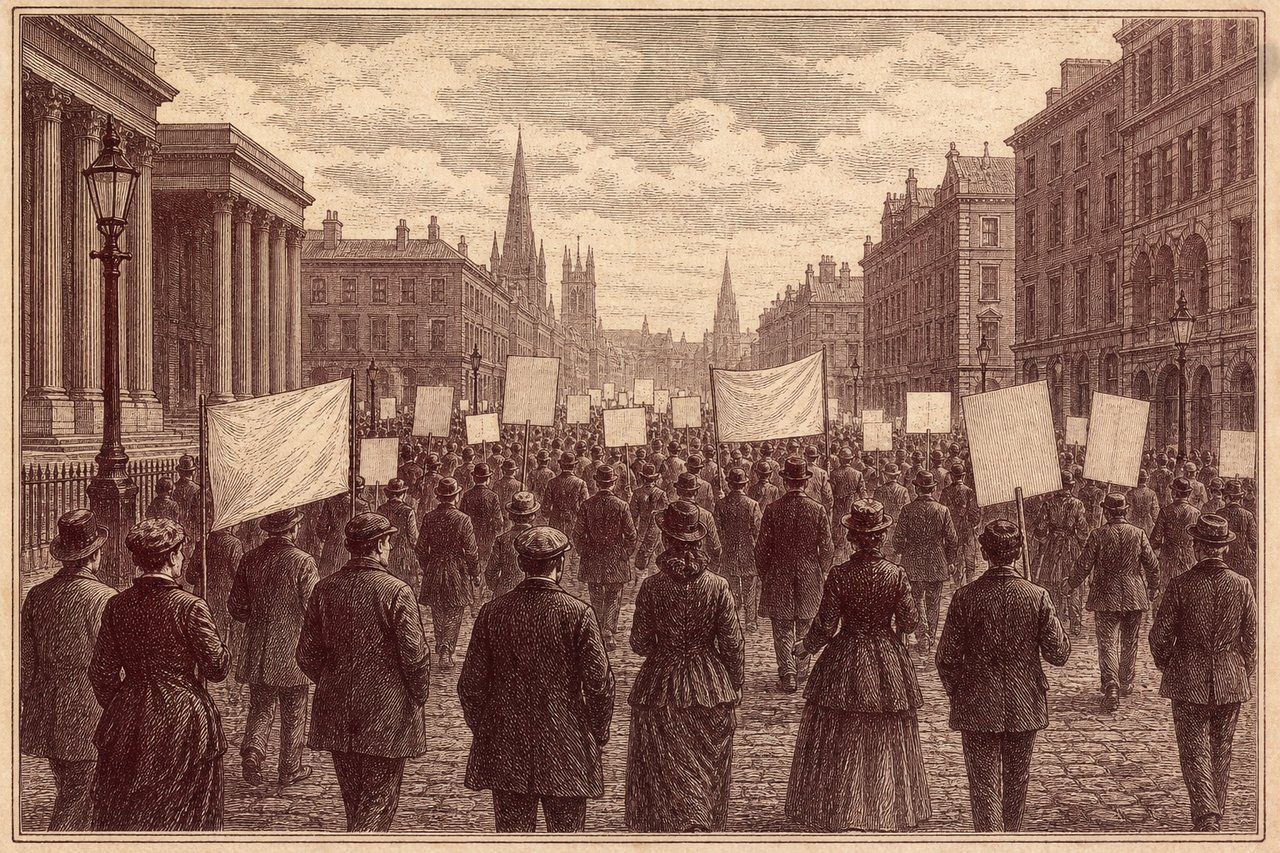 An engraving of young marchers carrying blank placards, seen from behind.