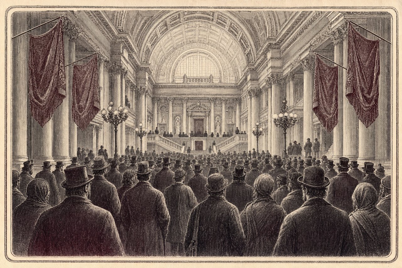 An engraving of a grand parliamentary lobby seen from behind a gathered crowd of citizens.