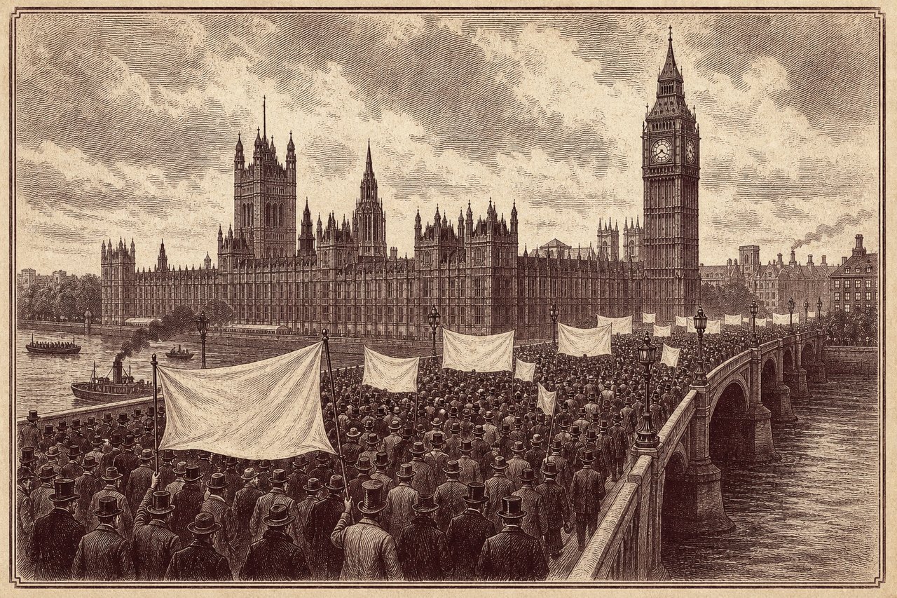 An engraving of a mass demonstration crossing a Thames bridge toward Westminster.