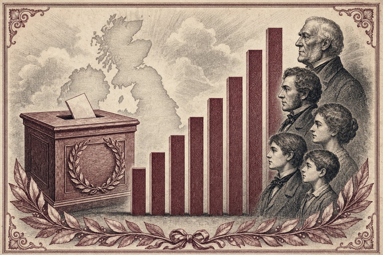 An engraving of a ballot box beside ascending bars suggesting a chart, with a laurel motif.