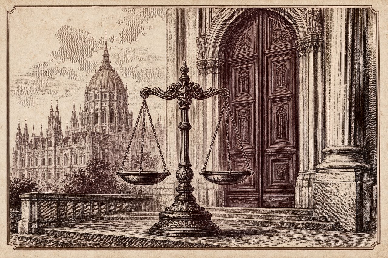 An engraving of the scales of justice before a closed parliamentary door.