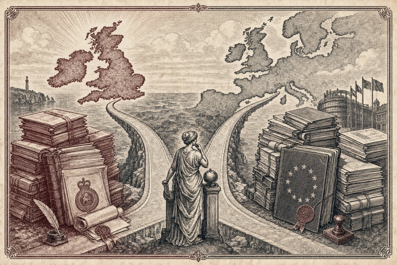 An engraving of two diverging paths, one toward the British Isles and one toward the European continent.