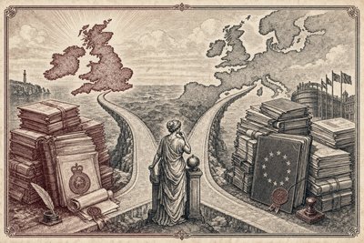 An engraving of two diverging paths, one toward the British Isles and one toward the European continent.