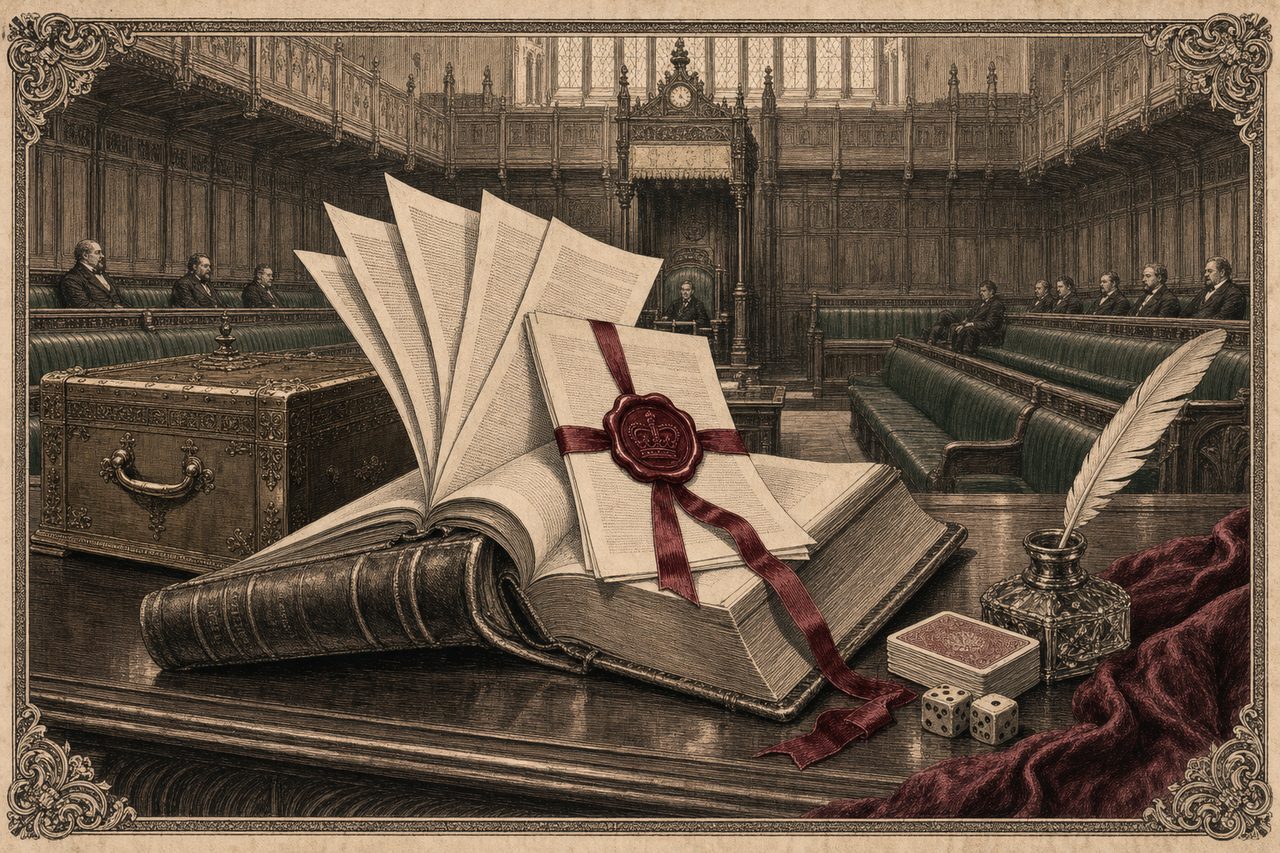An engraving of an open statute volume on a Commons table, with sealed regulations rising from its pages before the green benches.