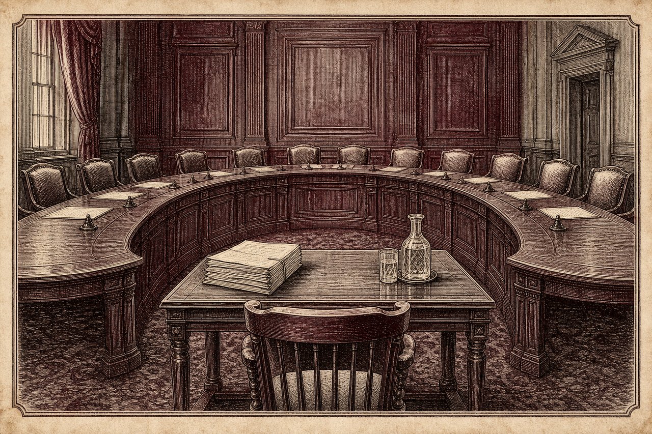 An engraving of an empty horseshoe committee table with a witness chair and documents.