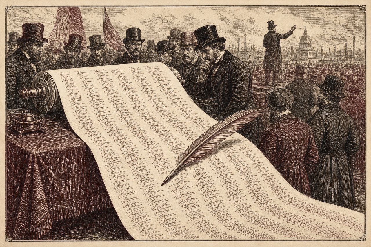 An engraving of a long petition scroll covered in signature marks with a quill.