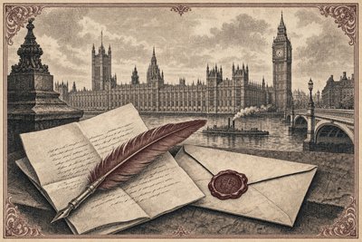 An engraving of a quill, a folded letter and a wax-sealed envelope before the Houses of Parliament.